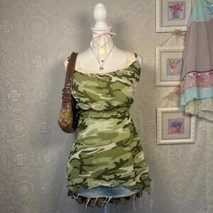 y2k mesh camo beaded cami top